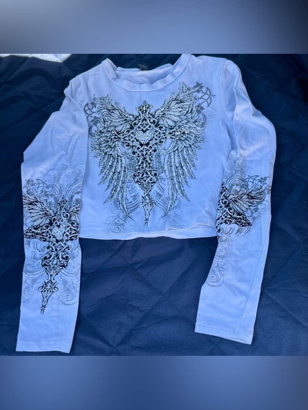 Y2K White Rhinestone Winged Cross Long Sleeve Crop Top